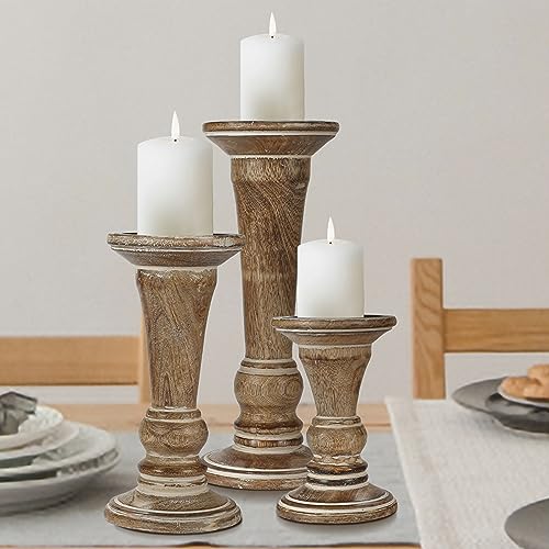 Hand Crafted Decorative Wooden Pillar Candle Holder Stand Siren Shape, Rounded Turned Colums, Country Style Ideal for Gift, Wedding, Christmas, Party, Home, Spa - 10,8,6 Inch Set of 3 - White Wash - color: White Wash, size: 10,8,6 Inch Set of 3 - Siren