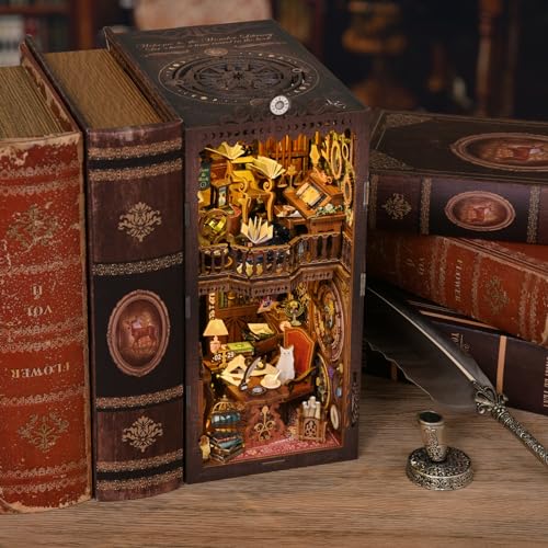 Book Nook Kit, Book Nook Kits for Adults DIY Booknook Model Build, DIY 3D Wooden Puzzle Bookend Booknook Bookshelf Insert Miniature Dollhouse Kit for Home Decoration - style: Magic Time Library