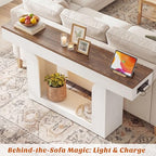 Homieasy Console Table, 63" Entryway Table with LED Lights & Charging Station, Farmhouse Wooden Sofa Table Behind Couch, Narrow Hallway Table for Living Room, Foyer, Entry, Antique White & Brown - color: Antique White & Brown, size: 63"