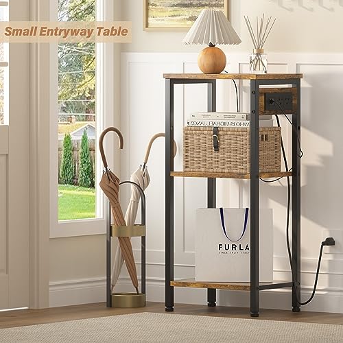 Asgolion Tall End Table with Charging Station, 3 Tier Narrow Tall Nightstand with Storage, Slim Side Table with USB Ports and Outlets for Bedroom, Living Room, Office, Rustic Brown and Black - color: Rustic Brown, style: With Outlet