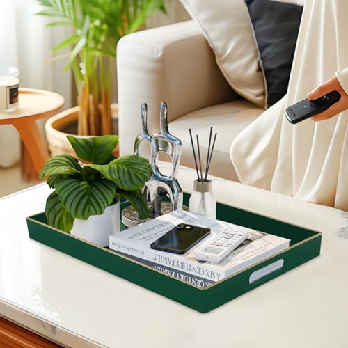 MAONAME Dark Green Decorative Tray, Serving Tray with Handles, Plastic Trays for Coffee Table, Rectangular Trays for Living Room, Bedroom, 15.8" X 10.2" X 1.4" - color: Dark Green, size: 15.8" x 10.2" x 1.4"
