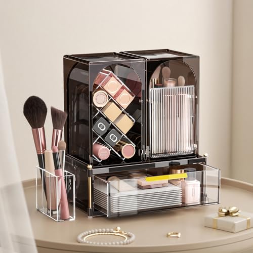 INVSSENE Stackable Makeup Organizer Countertop, Storage Perfume Skincare Cosmetic Lipstick Face Mask Makeup Brush Palettes, Ideal for Vanity Bathroom Counter - color: 3515 Coffee+Clear