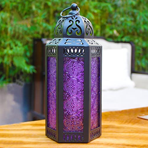 CVHOMEDECO. Decorative Candle Lantern Moroccan Lanterns Vintage Black Metal Lantern Holder for Home Patio Outdoor Decor. Purple Glass, Medium - color: Purple