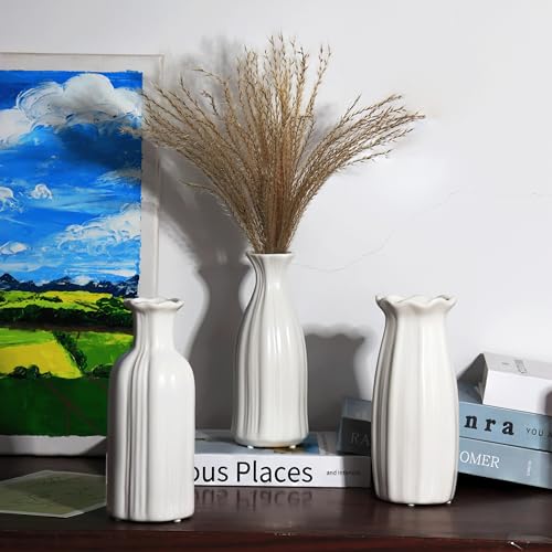 White Ceramic Vase 7 inch Small Vase Set can be Used as Bedroom Study Living Room Dining Table Home Decoration Suitable for Wedding Flower Arrangement Design Bohemian Style (HPBY-3PCS) - color: Hpby-3pcs