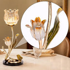 Luxury Crystal Base Glass Flower Candle Holder – Gold Plated Zinc Alloy with Enamel, Romantic Tea Light Holder, French Style Wedding Table Centerpiece, Home Decor
