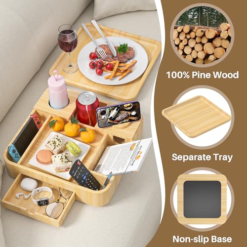 Couch Cup Holder, Couch Tray Cup Holder Sofa Tray, Large Capacity 2-Tier Wooden Trays with Drawer for Sofa, Bed, Picnic, Drinks, Snacks, Remote, Cell Phone, Headphones (Solid Pine Wood)12.5*12.5 in - color: Natural Pine Wood