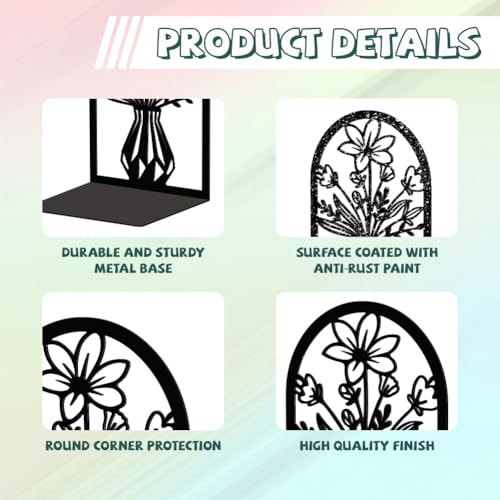 Peacoblue Metal Bookends for Shelves, Modern Decorative Heavy Duty Study Book Support Stoppers for Office, Desk, Shelf, Room 5.3"x4.3"x7.9" Cast Iron Simple Bookends, 1 Pair (Vase with Flowers) - color: Vase With Flowers