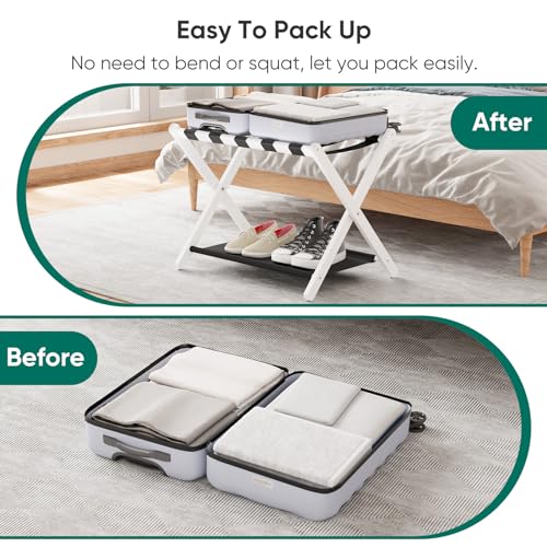 Smuxee White Bamboo Luggage Rack Pack of 2, Foldable Suitcase Stand with Storage Shelf, Easily Assembled Luggage Stand with 5 Nylon Straps for Guest Room Bedroom Hotel - color: White 2PCS