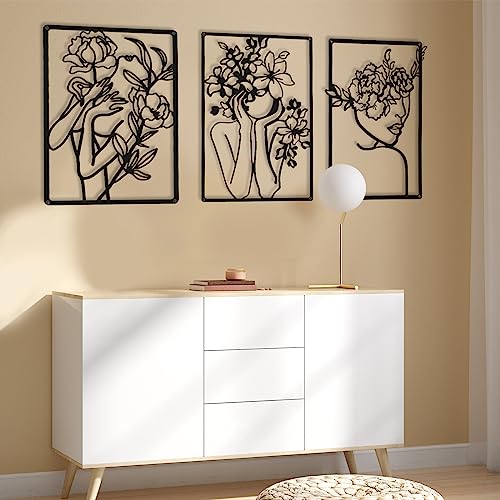 CHENGU 3 Pieces Metal Minimalist Abstract Woman Wall Art Line Drawing Wall Art Decor Single Line Female Home Hanging for Kitchen Bathroom Living Room - style: Classic Style