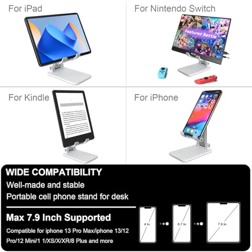 POQOD Foldable Cell Phone Stand for Desk, Fully Adjustable Phone Holder for Desk Compatible with iPhone 16 15 14 13 12 11, Nintendo Switch, All Phones, (White) - color: White Foldable