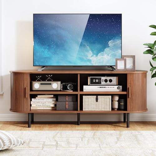 55" TV Stand with Power Outlet, Mid-Century Modern Television Stand, Fluted Media Console with Sliding Doors, Entertainment Center for TVs up to 60 Inch, Adjustable Shelves, Walnut - color: Walnut, size: 55 Inch