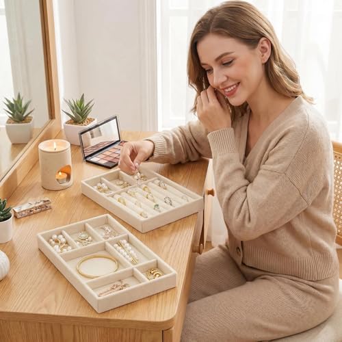 Stackable Jewelry Organizer Trays for Drawer, Set of 4 Velvet Jewelry Drawer Inserts in Dresser, 8in Storage Display Case for Rings Stud Necklaces Accessories(Beige) - color: Beige