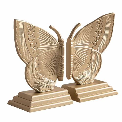 Decorative Butterfly Bookends, Muted Matte Vintage Gold Heavy Duty Metal Book Ends with Non-Slip Felt Base, Shelf Organizer for Home and Office