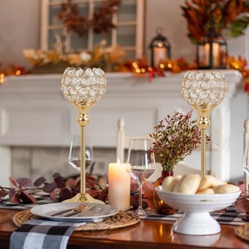 VINCIGANT Gold Crystal Candle Holders Set of 16 for Wedding Centerpieces,Votive Crystal Candle Holders for Home Fireplace Coffee Table Mantle Decor candelabros de mesa - size: 16 pcs 13" Tall