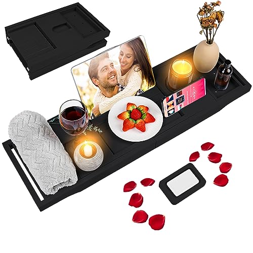Foldable Bathtub Caddy Tray, Bamboo Bath Tub Tray Table for Tub with Wine Glass Holder Book Phone Tablet Holder with Extending Sides, Adjustable Bathroom Bathtub Free Soap Holder Gift Idea (Black) - color: Black