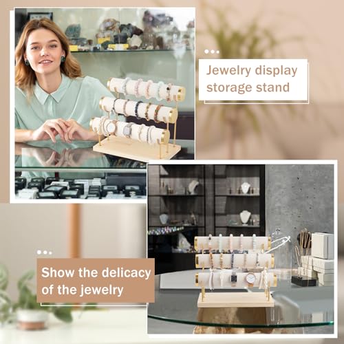 Wenqik 3 Tier Detachable Bracelet Holder Bracelet Display Stand Beige Velvet Jewelry Organizer Displays for Bangles Necklace Watches Scrunchies Hair Ties (Beige) - color: Beige, size: 9.5 x 11 x 6.3 Inch