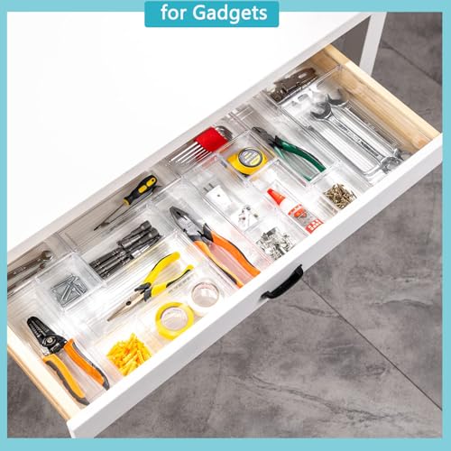 DCA 44 PCS Clear Drawer Organizers Set, 4 Size Versatile Bathroom and Vanity Organizer Trays, Cosmetic Display Cases for Makeup, Jewelries, Bedroom, Kitchen Utensils and Office - size: 44PC