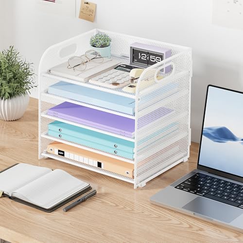 Cawukege 5 Tier Paper Organizer with Handle, White Metal Mesh Desk Organizer File Folder Paper Letter Tray Desktop Document Sorter for Classroom, School, Office Accessories Organization and Storage - color: White