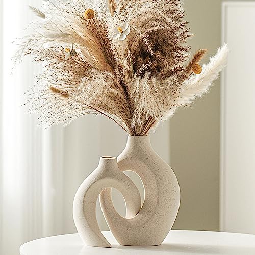 Lvases Snuggle Hollow Ceramic Vase Set of 2, Nordic Modern Boho ins Style Decorative Ceramic Aesthetic Flower Vase for Home Decor (Milky White W 6.3" X H 8.4") - color: Large Cream White