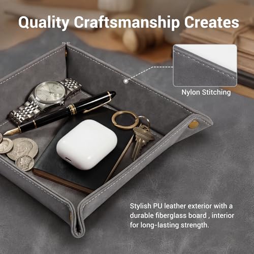 CoBak Leather Valet Tray for Men, Premium PU Leather Catch-All Tray for Entryway Table Key, Phone, Wallet, Coins & Jewelry, Bedside Nightstand Desk-top Catchall (Gray) - color: Gray