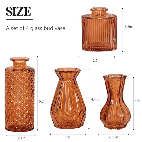 Set of 4 Glass Bud Vase Set, Small Vintage Clear Flower Vase Centerpieces for Table Bulk Cute Rustic Style Mini Vase for Home Decor Wedding Baby Shower Birthday Party(Amber) - color: Amber