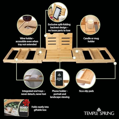 Temple Spring Foldable Bamboo Bathtub Tray Caddy for Tub — Expandable One-Piece Wood Bath Table with Wine Holder Book Stand and Non-Slip Pads — Space-Saving Bath Caddy — Housewarming - color: Foldable Wood Bamboo