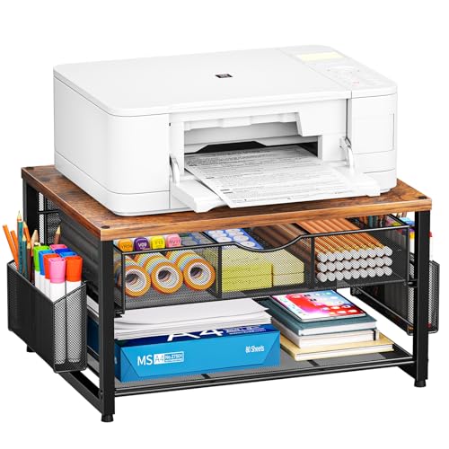 Marbrasse Wood Printer Stand for Desk, 2-Tier Desktop Printer Table for Home Office, Printer Stand with Storage Drawer 2 Pen Holders, Multi-Purpose Desk Organizer for Fax Machine Scanner(Wood Brown) - color: Wood Brown