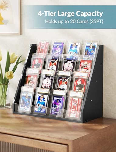 NiHome Pine Wood and Acrylic Trading Card Display Stand, 4-Tier Stepped Holder Compatible with PSA CGC BGS Graded Slabs or 35PT Cards, Stackable Tool-Free Card Organizer for Desk and Shelf