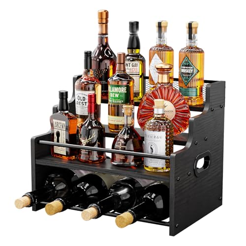KLM 4-Tier Wood Display Shelf, Black Modern Bottle Organizer, Countertop Bar Stand for Liquor, Coffee Syrup, (Black) - color: Black