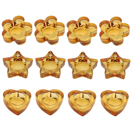 Votive Candle Holders Set of 12 for Table Centerpiece（3 Sizes,Heart/Flower/Star,Amber Glass Tea Light Candle Holders Bulk for Birthday Party,Wedding,Fall Home Decor, Festival Decorative(Amber) - color: Amber
