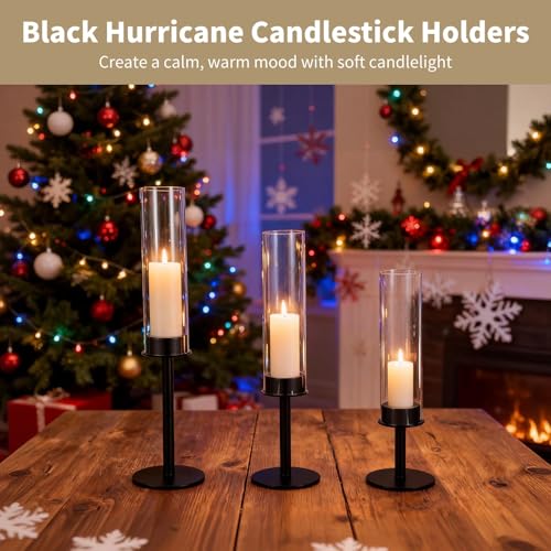 3 Pcs Black Hurricane Candlestick Holders, Metal Taper Candle Holder Set, Tall Glass Cylinder Design, 13.97 to 18.7 in Decorative Table Centerpieces for Wedding, Dining, and Fireplace