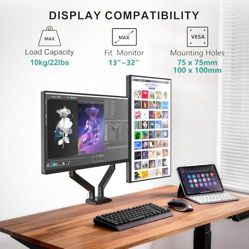 WALI Dual Monitor Stand for 13-32 inch Computer Screens, Dual Monitor Arms for 2 Monitors Holds up to 22 lbs, Height Adjustable Dual Monitors Mount, VESA 75x75/100x100mm (GSMP002N), Black - size: 13"-32", style: Dual Arms