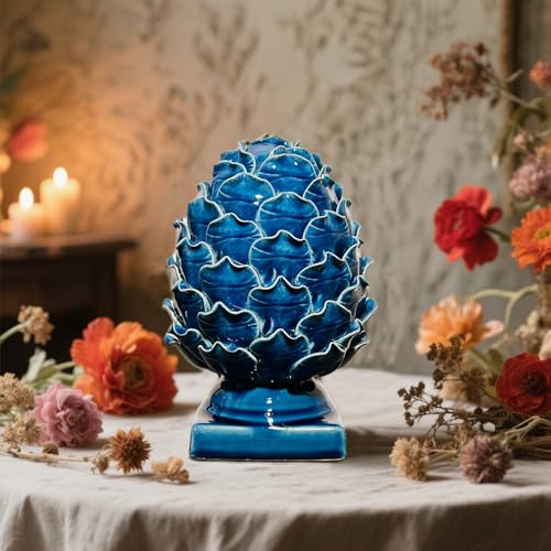 Blue Ceramic Artichoke Statue - Unique Artisanal Decorative Sculpture, Decor for Living Room, Office, Bookshelf