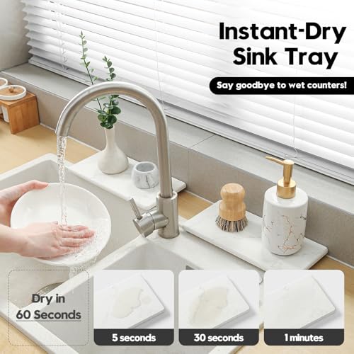 2PCS 10"x 5" Large Bathroom Sink Vanity Trays, Water Absorbing Diatomite Stone Quick Drying Mat for Kitchen Counter, Dish Rack Dispensers Sponge Holder Caddy Organizer, Marble White, 10"x 5" - color: 2 Pack - Marble White, size: 10" x 5"