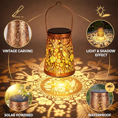 LeiDrail Hummingbird Solar Lanterns Outdoor 2 Pack, Hanging Waterproof Vintage Metal Lantern, Auto On/Off Garden Patio Yard Porch Pathway Decor, Warm White LED, Gifts for Women Mom Grandma - color: Hummingbird