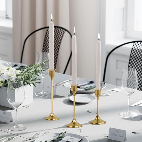 Gold Candlestick Holders, Gold Taper Candle Holders, Set of 3 Candle Stick Holders Set, Vintage Modern Decorative Centerpiece for Table Fireplace Mantel Wedding Party Dinning Housewarming Gift