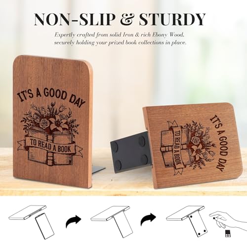 Book Lovers Gifts, Novelty Bookends Unique, Gifts for Book Lovers, Heavy Duty Wooden Book Ends for Shelves Decorative(1 Pair, 4.72x6.69 Inches) - Good Day - color: Goodday