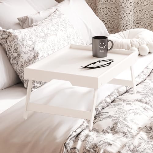 Fibogollo 4 Pack Bamboo Bed Tray Table with Folding Legs,Breakfast Trays,Serving Tray for Food and Snack,Laptop Trays for Working(White) - color: White, size: 4 PC
