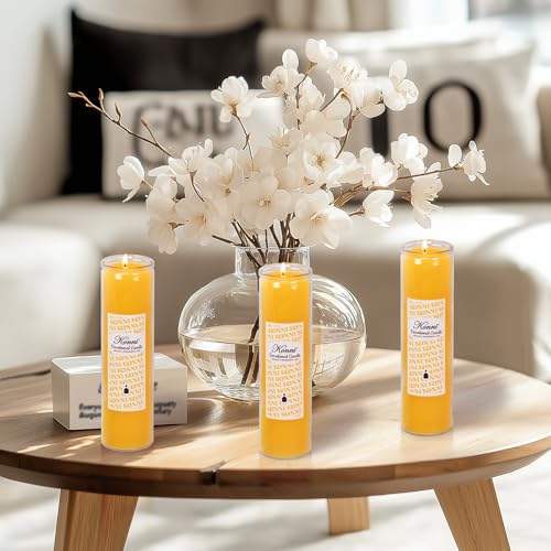 KONNI 2x8 Inch Yellow Pillar Candles in Glass Set of 3, Devotional Prayer Candle, Unscented Religious Candles, 105 Hours Emergency Long Burning, Ideal for Memorials, Vigil, Blessing - color: Yellow