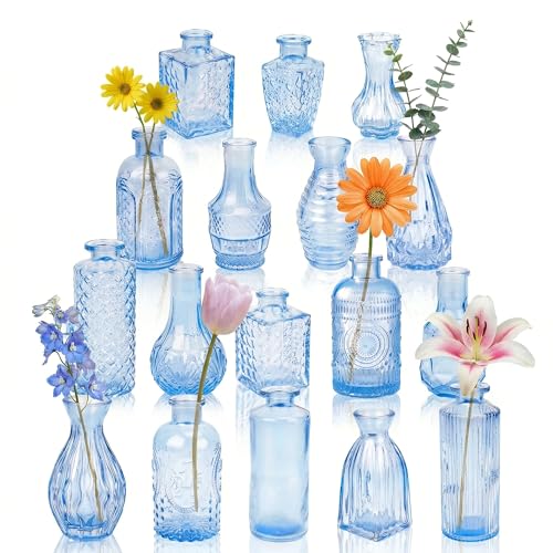 Glass Bud Vases in Bulk Set of 17, Blue Small Mini Vases for Flowers, Vintage Vase for Centepiece,Wedding, Table Decor, Baby Shower, Christmas, Home and Events - color: Blue