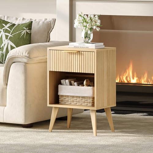 YAUKOMEL Fluted Night Stand with Opening Storage,Mid Century Bedside Table with Drawer,Wood Nightstand with Solid Wood Legs,End Table Side Table for Living Room,Bedroom,Natural CTG56Y - color: Natural
