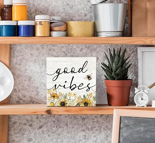 SRADMO Inspirational Bee and Sunflower Decor Wood Box Sign Desk Decor, Summer Rustic Wooden Block Box Sign Decoration For Home Office Shelf Table Decorative Accessories - color: Yellow flower, size: 5″×5″