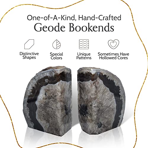 Nature's Decorations A Quality Black Agate Geode Bookends - Heavy Duty with Non-Skid Rubber Bumpers for Shelves, Office, Home Decor - Cool Crystal Stone (1 Pair 2-3 LB) - color: Black, size: A Grade 2 - 3 Lbs