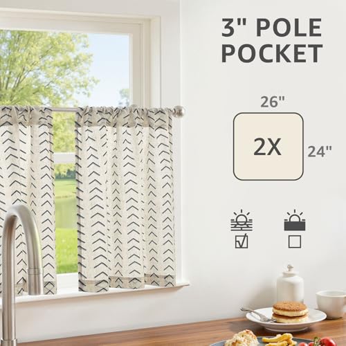 jinchan Boho Linen Blend Kitchen Curtains 24 Inch Length Herringbone Printed Tier Curtains for Small Windows Bathroom Cafe Laundry Room Set of 2 Rod Pocket Black on Linen - color: Arrow | Black on Linen, size: 26"W x 24"L (Pack of 2)