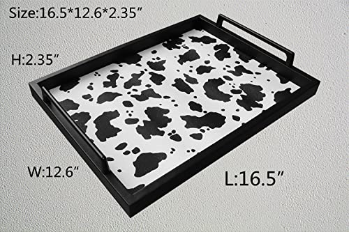 MCBZ Living Room Decorative Tray, Serving Tray, Coffee Table Tray, Leather Tray, Hardware Handle 16.5 x 12.6 inches (Black) - color: Black/White Cow Pattern