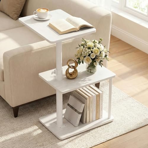 Faesun 360° Swivel Side Table for Height Adjustable, C Shaped End Table for Couch with Storage, 3-Tier Night Stand with Open Shelf, Tv Tray for Small Spaces, Living Room, Bedroom, White - color: White
