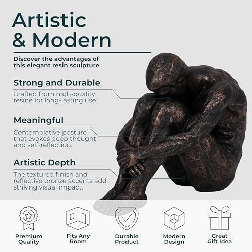 Sagebrook Home Resin Modern Glam Sitting Man Sculpture - Thoughtful Polyresin Decorative Figurine for Home, Office, Bedroom & Living Room - 8" Bronze & Copper - size: 8.0" H