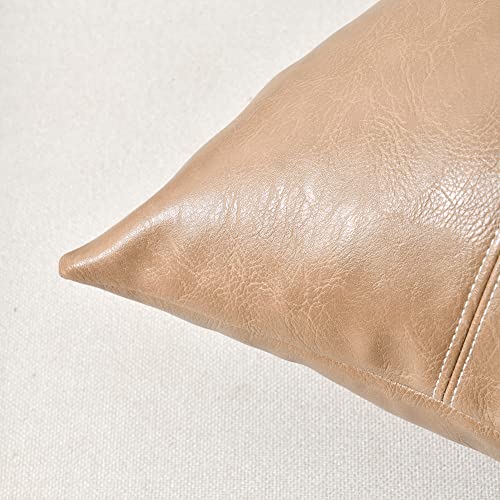 Fancy Homi 2 Packs Tan Lumbar Waterproof Faux Leather Decorative Throw Pillow Covers 12x20 Inch for Outdoor Couch Bed, Beige Hand Stitched Cushion Case 30x50 cm, Taupe Modern Farmhouse Home Decor - color: Tan, size: 20" x 12" (Pack of 2)