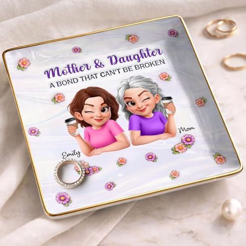 Personalized Printed Full-Print Jewelry Dish, Mothers Day Birthday Gifts For Daughters, Mother & Daughter A Bond That Can't Be Broken, Daughter Gifts From Mom, Custom Ring Dish - color: Style 4