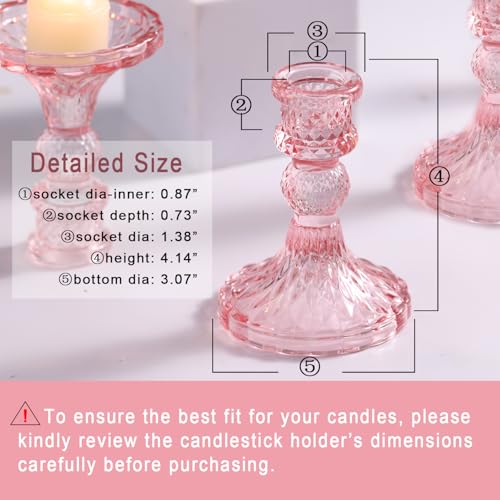Glass Candle Holder Set of 12, Pink Taper Candle Holders Bulk, Vintage Candlestick Holders, Candle Stick Holder for Table Centerpieces, Wedding & Mother's Day - color: Pink